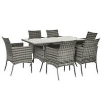 Outsunny Rattan Dining Set for 6 with Cushions, Glass Top Table, Grey