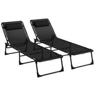 Outsunny 2 Pcs Folding Beach Chair Chaise Lounge 4 Adjustable Positions, Black