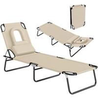 Outsunny Folding Sun Lounger Reclining Chair w/ Pillow Reading Hole Beige