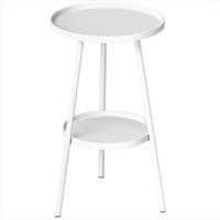 Outsunny Round Garden Table, 2-Tier Metal Patio Table Coffee Table, White