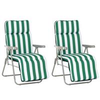 Outsunny Set of 2 Folding Sun Lounger Recliner Chairs Daybed Cushion Green White