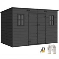 Outsunny 10 x 6 ft Plastic Garden Shed with Floor, Lockable Doors, Dark Grey