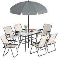 Outsunny 8 Piece Garden Dining Set with 6 Folding Chairs and Umbrella, Cream