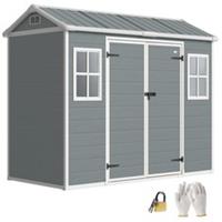 Outsunny 8 x 4 ft Plastic Garden Shed with Floor, Lockable Doors, Light Grey