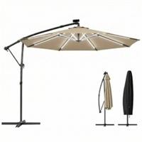 Outsunny 3 m Garden Cantilever Parasol with Solar Light, Rotation, Khaki