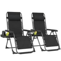 Outsunny Zero Gravity Chairs Set of 2 with Cup Holder, Headrest, Black