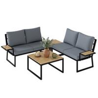 Outsunny 4 Seater Metal Garden Furniture Sofa Set, Nesting Tables, Teak