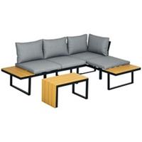 Outsunny 3PCs Patio Furniture Set w/ Cushions, Wood Grain Top Table Refurbished
