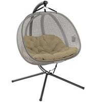 Outsunny Double Hanging Egg Chair 2 Seaters Swing Hammock w/ Cushion, Brown