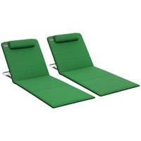 Outsunny 2 Pieces Outdoor Beach Mat Steel Reclining Chair Set w/ Pillow Green