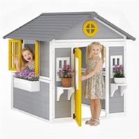 Outsunny Wooden Playhouse with Doors, Windows, Plant Pots for Kids - Grey