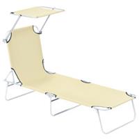 Folding Sun Lounger with Sunshade Recliner, Beige, Refurbished