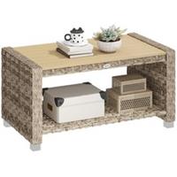 Slatted Top Outdoor Coffee Side Table with Storage Shelf, Light Brown, Refurbish