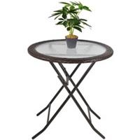 Outsunny Folding Round Tempered Glass Metal Table with Brown Rattan Edging