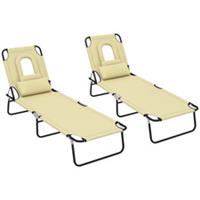 Outsunny 2PCS Folding Sun Lounger Chairs with Reading Hole, Beige, Refurbished
