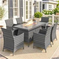 Outsunny Rattan Dining Set with Fire Pit Table and Armchairs, Refurbished