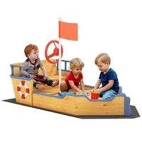 Outsunny Kids Wooden Sandbox, Pirate Ship Sand Pit w/ Bench, Storage Space