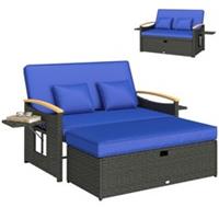 Outsunny Double Garden Rattan Daybed with Storage Ottoman, Side Tray, Brown
