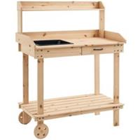 Outsunny Wood Potting Bench Work Table w/ 2 Wheels & Drawer, 92x45x119cm