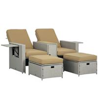 Outsunny Recliner Rattan Sun Lounger w/ Storage Tea Table & Footstools, Beige