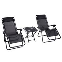 Outsunny 3PC Zero Gravity Chairs Sun Lounger Table Set w/ Cup Holders, Black