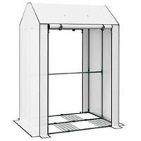 Outsunny Mini Greenhouse with Shelves and Roll Up Door, 100x80x150cm, White