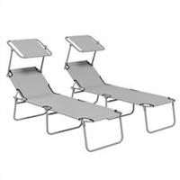 Outsunny Folding Sun Lounger Set of 2 w/ Sunshade Adjustable Backrest Light Grey