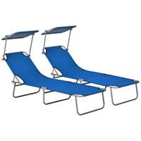 Outsunny Folding Sun Lounger Set of 2 w/ Sunshade Adjustable Backrest Blue