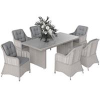 Outsunny 6 Seater Rattan Dining Set with Glass Top Table and Cushions, Grey