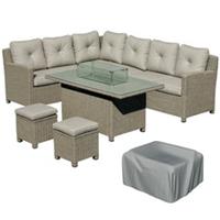 Outsunny 5 PCs Outdoor PE Rattan L-Shape Sofa Footstool Fire Pit Table Set