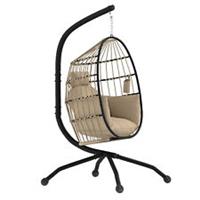 Outsunny Egg Chair Outdoor Indoor Garden Swing Chair, Folding Basket, Khaki