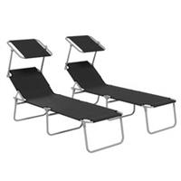 Outsunny Folding Sun Lounger Set of 2 w/ Sunshade Adjustable Backrest Black
