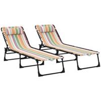 Outsunny 2 Pcs Folding Beach Chair Chaise Lounge 4 Adjustable Positions, Multi
