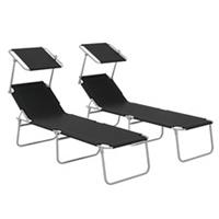 Outsunny Folding Sun Lounger Set of 2 w/ Sunshade Adjustable Backrest Black
