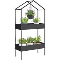 Outsunny 2 Tier Plant Stand, Outdoor Indoor Metal Plant Stand with Hook