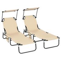 Outsunny 2 Piece Folding Sun Loungers with Adjustable Backrest, Tan Brown