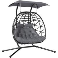 Outsunny Rattan Double Hanging Egg Chair with Canopy, Cushion, Black