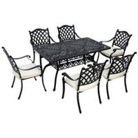 Outsunny 7-PC Cast Aluminium Patio Dining Set w/ Umbrella Hole & Cushion, Black