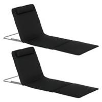 Outsunny 2 Pieces Outdoor Beach Mat Steel Reclining Chair Set w/ Pillow Black