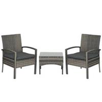 Outsunny 3PC Garden Rattan Bistro Set with Glass Top Table, Mixed Grey