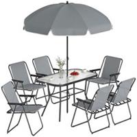 Outsunny 8 Piece Garden Dining Set with 6 Folding Chairs and Umbrella, Grey