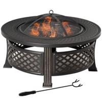 Outsunny Outdoor Fire Pit, Round Firepit with Grill Net, Mesh Lid, Bronze Tone
