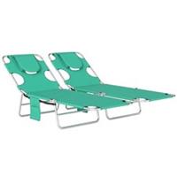 Outsunny 2 Sun Loungers with Reading Hole, Folding Garden Lounger, Green