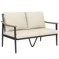 Outsunny 2 Seater Rattan Garden Sofa with Wood-Effect Arms, Cushions, Khaki