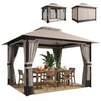 Outsunny 3 x 3.6 m Outdoor Garden Gazebo with Netting, Curtains, Khaki