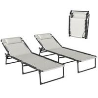 Outsunny 2 Pcs Folding Beach Chair Chaise Lounge 4 Adjustable Positions, Cream