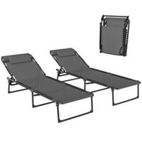 Outsunny 2 Pcs Folding Beach Chair Chaise Lounge 4 Adjustable Positions, Grey