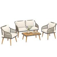 Outsunny 4 Piece Rattan Garden Furniture Set w/ Thick Cushions, Cream White