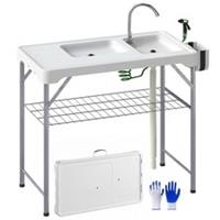 Outsunny Folding Fish Cleaning Table Camping Sink Table with Faucet, White