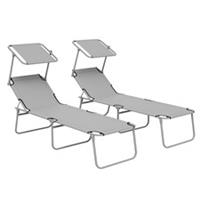 2-Pack Folding Sun Loungers with Sunshade, Light Grey, Refurbished